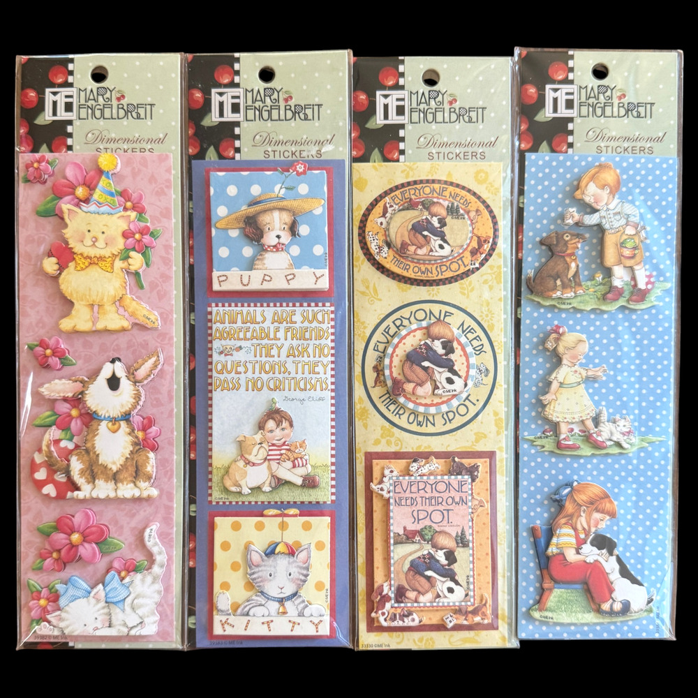 Lot of 4 Mary Engelbreit Dimensional Stickers 3D Puppy Dog Kitty Cat NIP Sealed